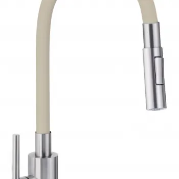 Baterie chiuveta bucatarie cu dus extractibil si pipa flexibila Deante Luno, bej mat otel slefuit imagine