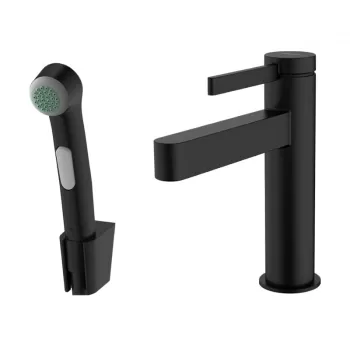 Baterie lavoar cu ventil inclus si dus igienic, culoare negru mat Hansgrohe Finoris imagine