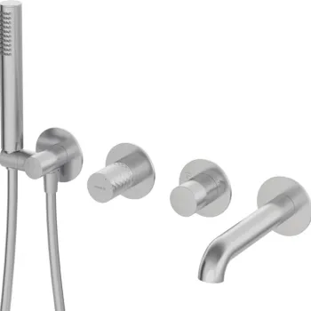 Baterie pentru cada, otel periat, cu 4 orificii, set dus inclus, montaj ingropat, Deante Silia Hexa imagine