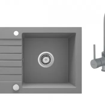 Chiuveta bucatarie compozit cu picurator si baterie gri Deante, Zorba imagine