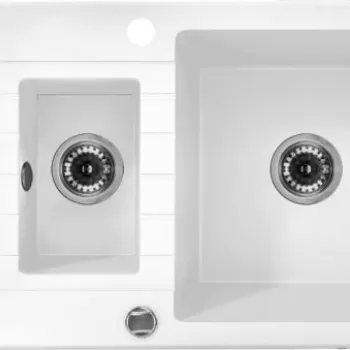 Chiuveta bucatarie compozit doua cuve cu picurator alb mat Deante Zorba imagine