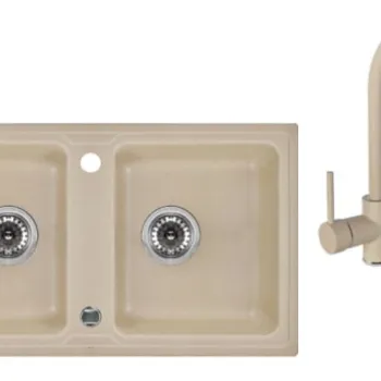 Chiuveta bucatarie compozit doua cuve si baterie nisip Deante, Zorba imagine