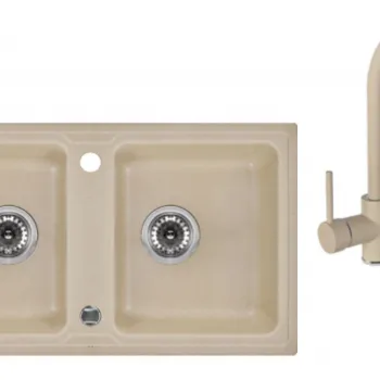 Chiuveta bucatarie compozit doua cuve si baterie nisip Deante, Zorba imagine