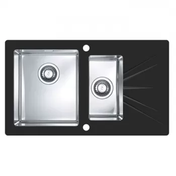 Chiuveta bucatarie inox doua cuve si sticla securizata neagra, cuva dreapta, Alveus Karat 20 imagine