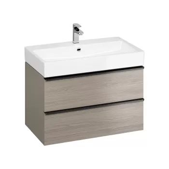 Dulap baie suspendat Cersanit Virgo 80 pentru lavoar incastrabil, stejar gri cu manere negre imagine