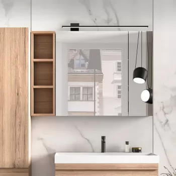 Dulap baie suspendat cu oglinda, 2 usi, culoare lemn natural, 80 cm, KolpaSan Naomi imagine