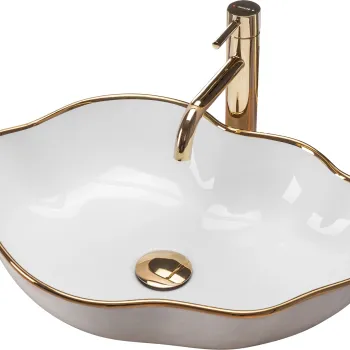 Lavoar baie din ceramica sanitara, alb cu margine aurie, asimetric, Rea Pearl imagine