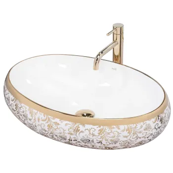Lavoar ceramic oval Rea Melania, alb cu decor auriu,  60 x 40,5 cm imagine