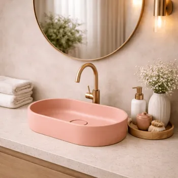 Lavoar compozit cu montare pe blat, 60x38 cm, roz somon mat, Foglia Terra imagine