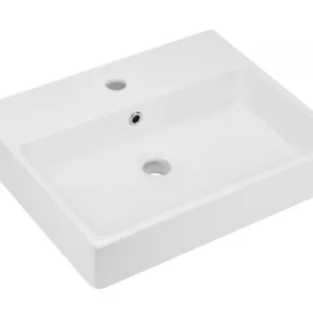 Lavoar pe blat alb lucios 50 cm, dreptunghiular, orificiu pentru baterie, Deante Temisto imagine