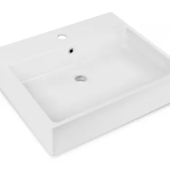 Lavoar pe blat alb lucios 60 cm, dreptunghiular, orificiu pentru baterie, Deante Temisto imagine
