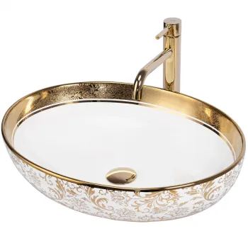 Lavoar pe blat ceramica decorata, alb auriu, oval REA Margot 52x40 cm imagine