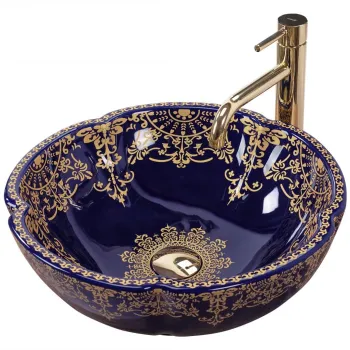 Lavoar pe blat Rea Marina Blue cu decor auriu, ceramica lucioasa, design premium, 42,5 cm imagine