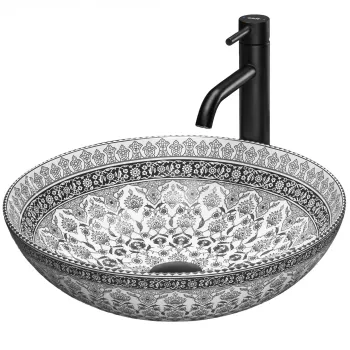 Lavoar rotund, ceramica, Alb Negru cu model decorativ, 40x40 cm, REA imagine