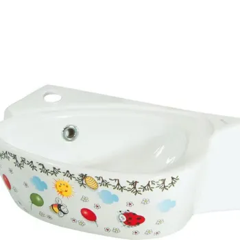 Lavoar suspendat pentru copii 39x29 cm, cu preaplin, orificiu pentru baterie, imprimeu colorat, Sapho Kid imagine