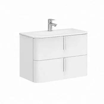 Mobilier baie suspendat pentru lavoar 80 cm, cu front neted  alb mat si manere albe mate, Fluminia Pisa imagine