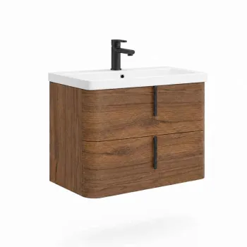 Mobilier baie suspendat pentru lavoar 80 cm, tabacco, maner negru, Fluminia Pisa imagine