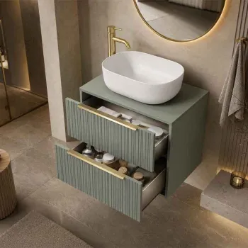 Mobilier baie suspendat pentru lavoar pe blat 80 cm, cu 2 sertare, front riflat, salvia cu manere aurii, Fluminia Istria imagine