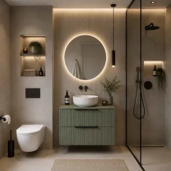 Mobilier baie suspendat pentru lavoar pe blat 80 cm, cu 2 sertare, front riflat, salvia cu manere negre, Fluminia Istria imagine