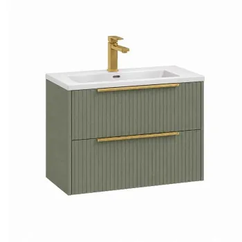 Mobilier suspendat pentru lavoar 80 cm cu front riflat, salvia, cu manere aurii, Fluminia Istria imagine