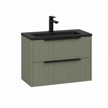 Mobilier suspendat pentru lavoar 80 cm cu front riflat, salvia, cu manere negre, Fluminia Istria imagine
