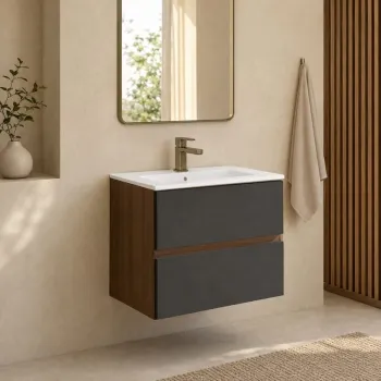Mobilier suspendat pentru lavoar 80 cm, front neted nero mat, cu laterale rovere moka, Fluminia  Genova imagine