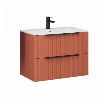 Mobilier suspendat pentru lavoar 80 cm, mattone, front riflat, cu maner negru, Fluminia Istria imagine
