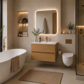Mobilier suspendat pentru lavoar 80 cm, rovere naturale, Fluminia Genova imagine