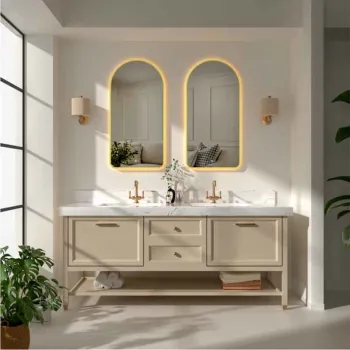 Oglinda baie 50x100 cm cu LED, dezaburire si lumina ambientala, rama din aluminiu aurie, Fluminia Gaudi imagine