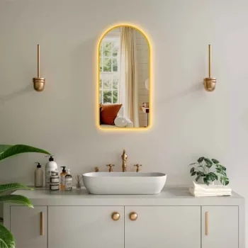 Oglinda baie 50x100 cm, dezaburire, ceas si bluetooth, lumina interna si ambientala, rama bronz, Fuminia Cosimo imagine