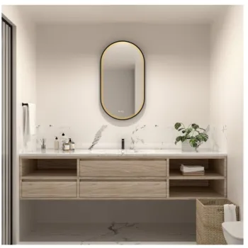 Oglinda baie 50x90 cm, dezaburire, ceas si iluminare perimetrala cu difuzor acrilic, rama neagra, Fluminia Canaria imagine