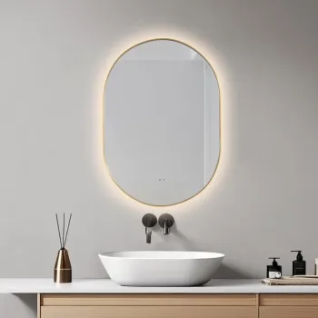 Oglinda baie 60x85 cm, reversibila, cu iluminare LED, rama slim aurie si senzor miscare, Belform Fortuna imagine