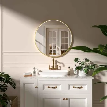 Oglinda baie 70 cm cu dezaburire, ceas si iluminare perimetrala, rama aurie, Fluminia Aster imagine