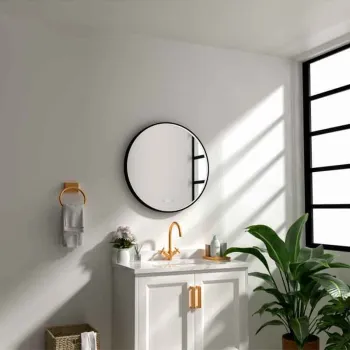 Oglinda baie 80 cm cu dezaburire, ceas si iluminare perimetrala, rama neagra, Fluminia Aster imagine