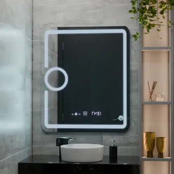 Oglinda baie iluminare LED 3 culori, sistem de dezaburire, termometru, ceas, lupa cometica, 60 x 80 cm Eclat MotionGlow Marcello imagine