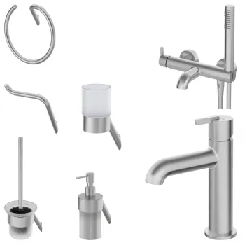 Set baterie cada si baterie lavoar cu accesorii baie Deante Silia, otel slefuit imagine