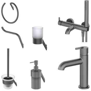Set baterie cada si baterie lavoar cu accesorii baie Deante Silia, titan mat imagine