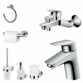 Set baterie cada si baterie lavoar cu accesorii baie Hansgrohe Logis, crom lucios imagine