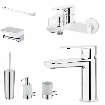 Set baterie cada si baterie lavoar Deante Alpinia cu accesorii baie Deante Round, crom imagine
