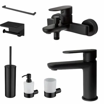 Set baterie cada si baterie lavoar Deante Alpinia cu accesorii baie Deante Round, negru imagine