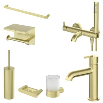 Set baterie cada si baterie lavoar Deante Silia cu accesorii baie Deante Round, auriu periat imagine