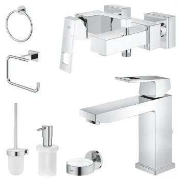 Set baterie cada si baterie lavoar Grohe Eurocube cu accesorii baie Grohe Essentials, crom lucios imagine