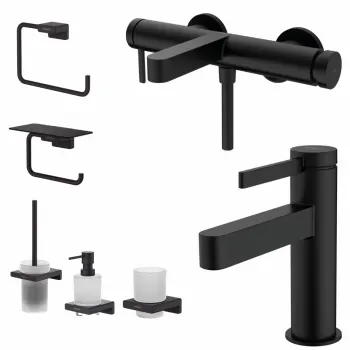 Set baterie cada si baterie lavoar Hansgrohe Finoris cu accesorii baie Hansgrohe AddStoris imagine