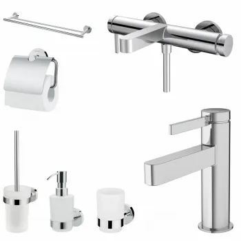Set baterie cada si baterie lavoar Hansgrohe Finoris cu accesorii baie Hansgrohe Logis, crom lucios imagine