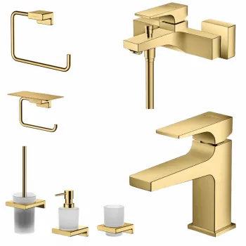 Set baterie cada si baterie lavoar Hansgrohe Metropol cu accesorii baie Hansgrohe AddStoris, auriu lucios imagine