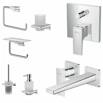 Set baterie cada si baterie lavoar Hansgrohe Metropol cu accesorii baie Hansgrohe AddStoris, crom lucios imagine