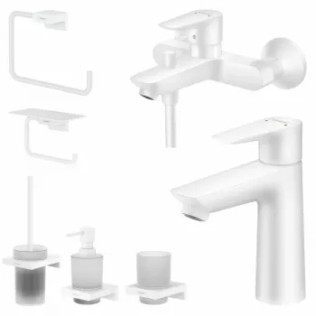 Set baterie cada si baterie lavoar Hansgrohe Talis cu accesorii baie Hansgrohe AddStoris, alb mat imagine
