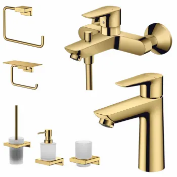 Set baterie cada si baterie lavoar Hansgrohe Talis cu accesorii baie Hansgrohe AddStoris, auriu lucios imagine
