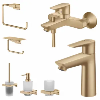 Set baterie cada si baterie lavoar Hansgrohe Talis cu accesorii baie Hansgrohe AddStoris, bronz periat imagine