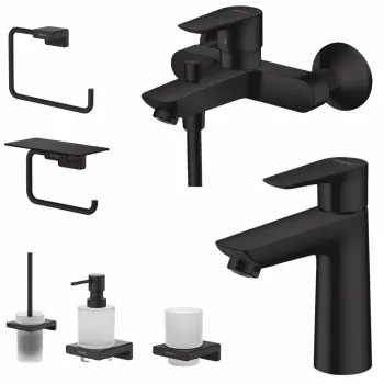 Set baterie cada si baterie lavoar Hansgrohe Talis cu accesorii Hansgrohe AddStoris, negru imagine